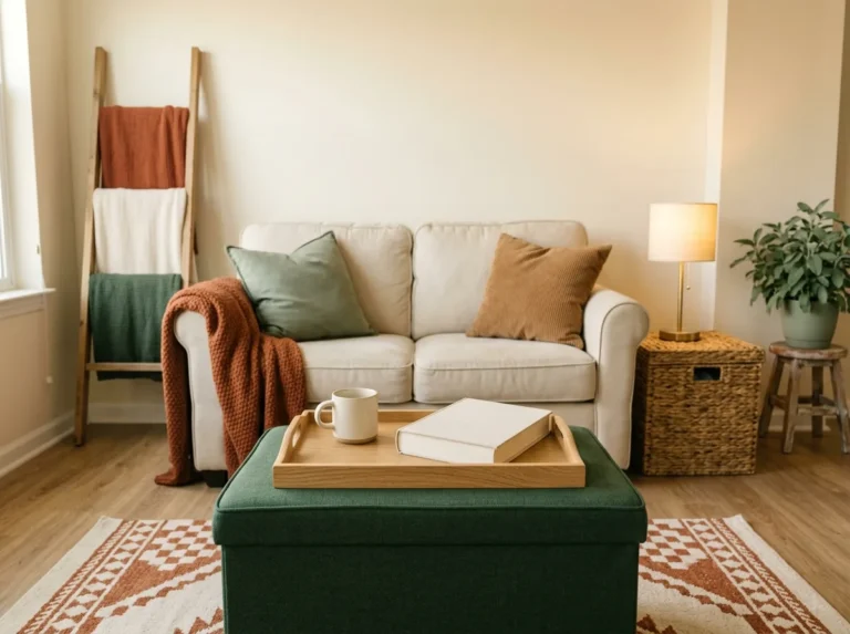 Cozy small living room ideas with hidden storage — a deep green storage ottoman, lidded basket side table and blanket ladder in a tiny rental living room