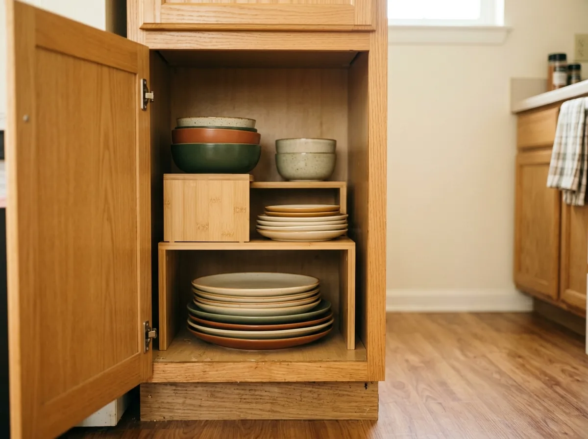 Cupboard shelf risers creating two levels of plates and bowls inside a small kitchen cabinet.