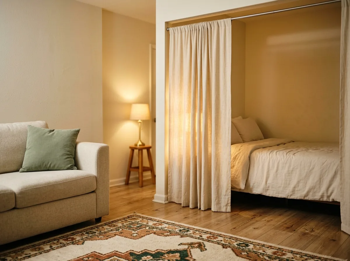 A linen curtain on a tension rod gives overnight guests privacy in a small apartment with no guest room — no drilling, renter-friendly