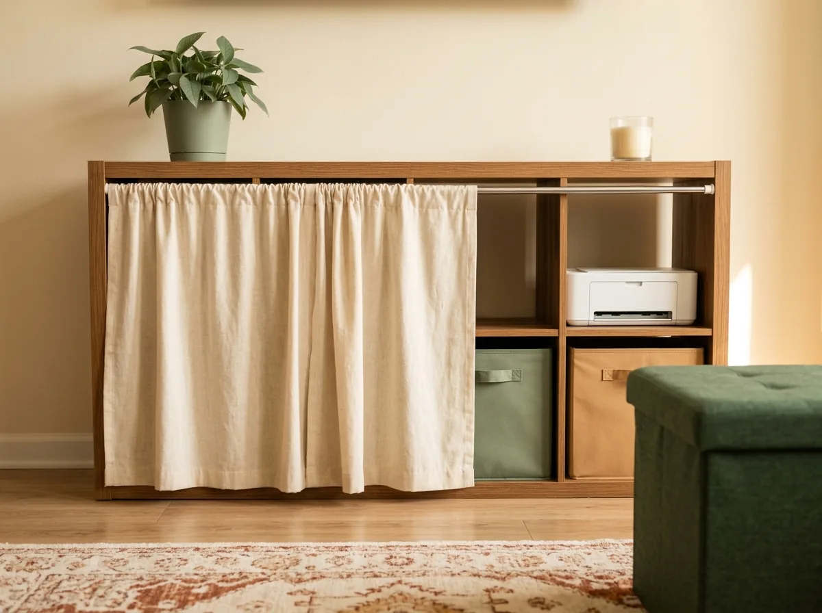A linen curtain on a tension rod hides messy open shelves in a small living room, covering games, boxes and a printer