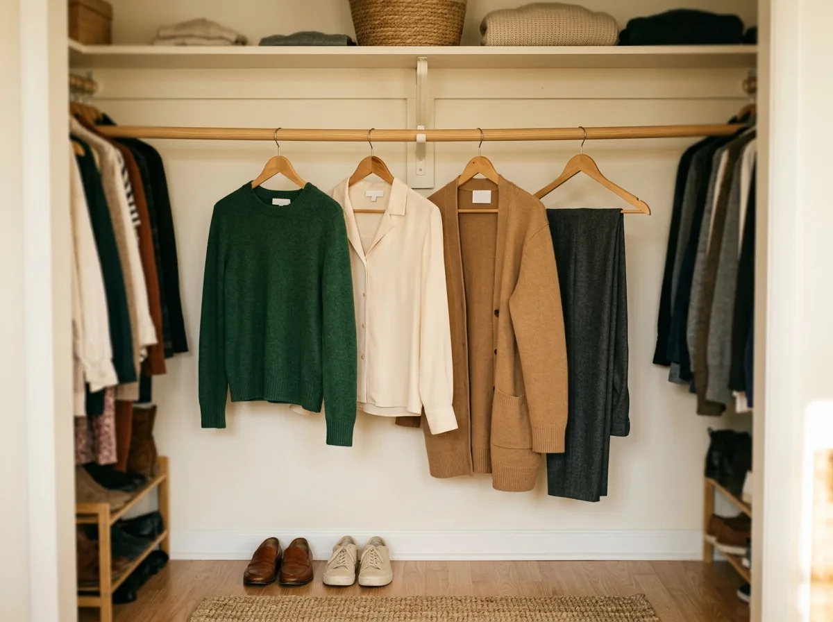 Daily outfits hanging at eye level in the centre of a small closet rail, occasional pieces pushed to the ends