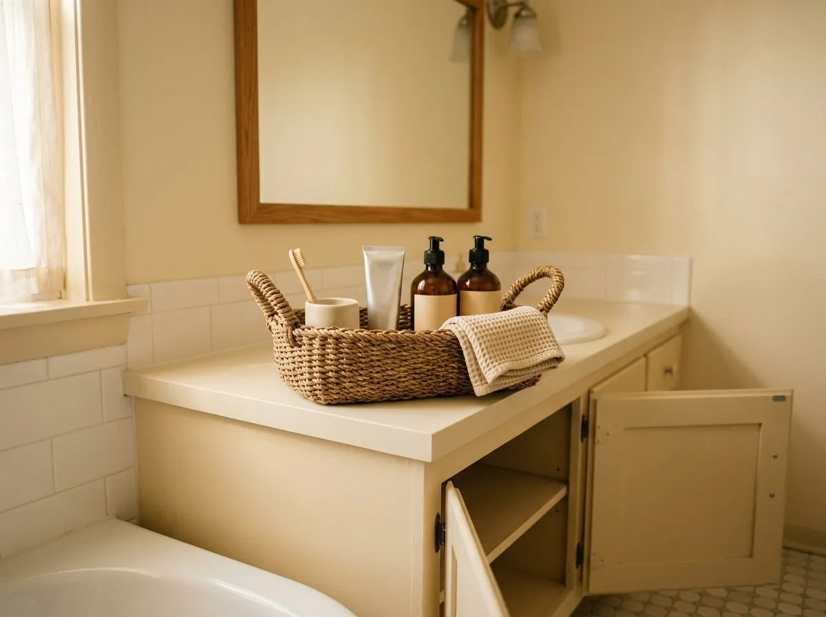 Corral daily toiletries into one handled basket — small bathroom storage that clears the counter in one move when guests arrive