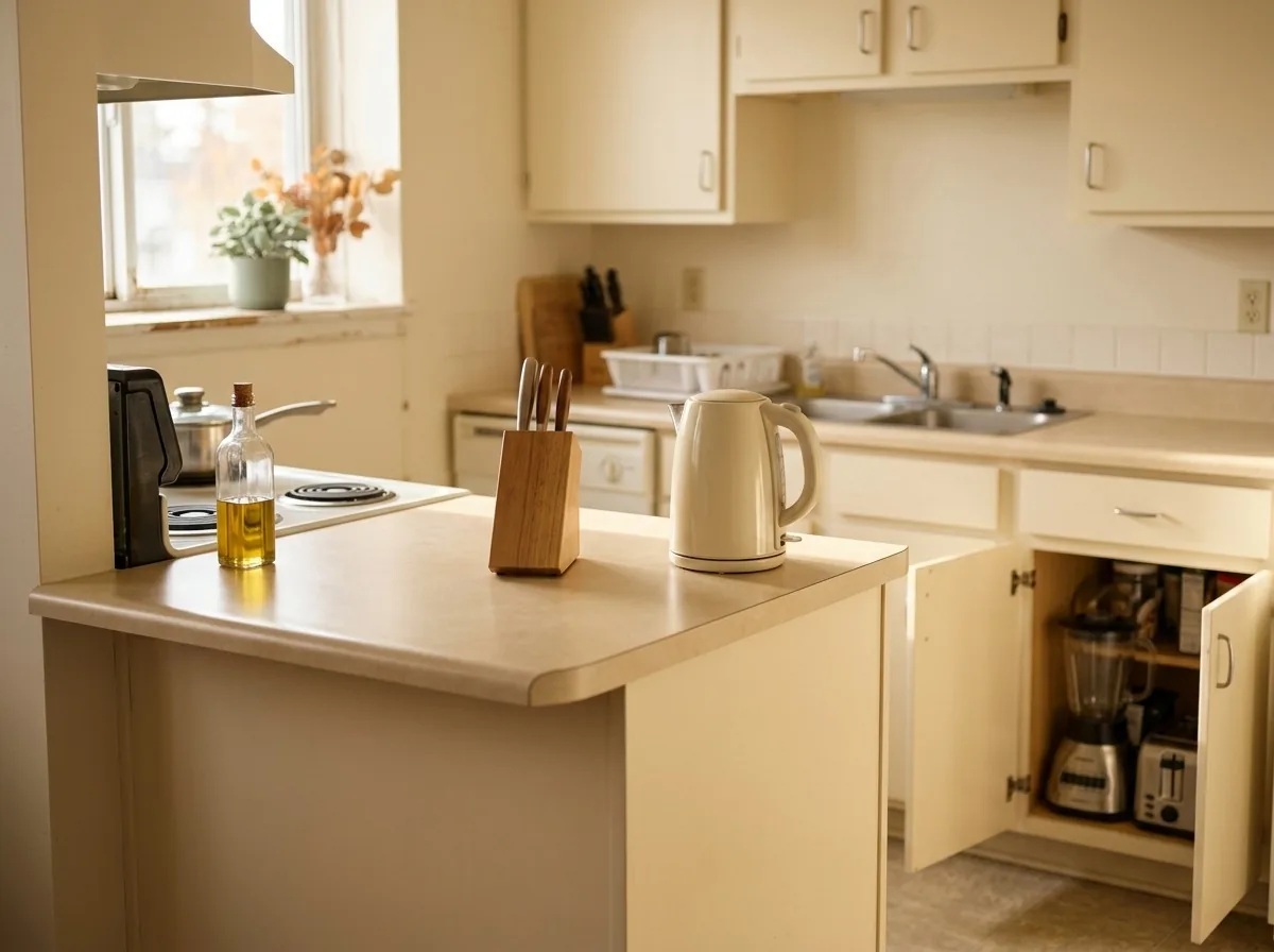 The daily-use test for kitchen counters — only the kettle, knives and cooking oil stay out in a small kitchen; everything else is stored away