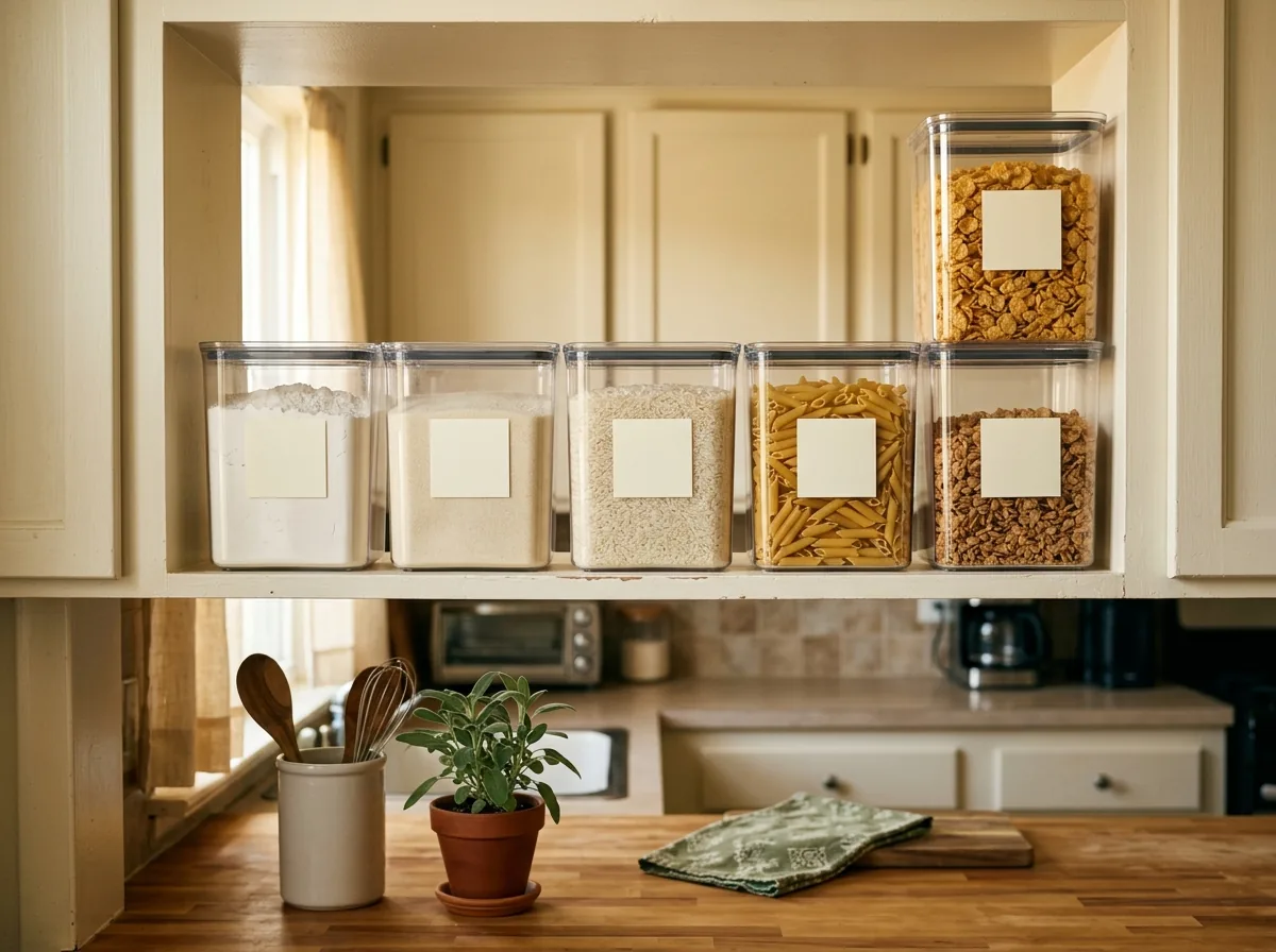 Five clear square containers of flour, sugar, rice, pasta and cereal in a neat row — the first step of a small pantry organization system