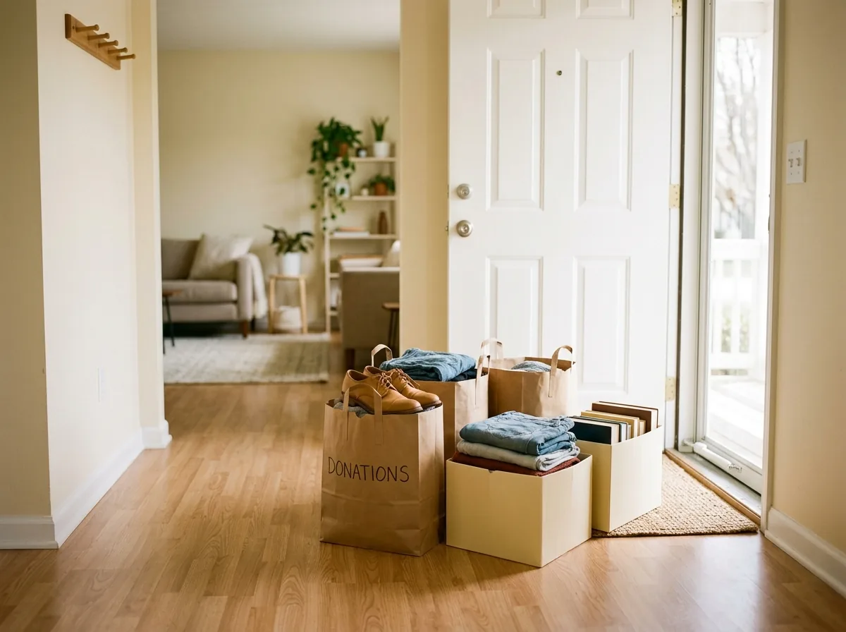 Filled donation bags and boxes waiting by the front door on day 29 of the 30-day declutter challenge
