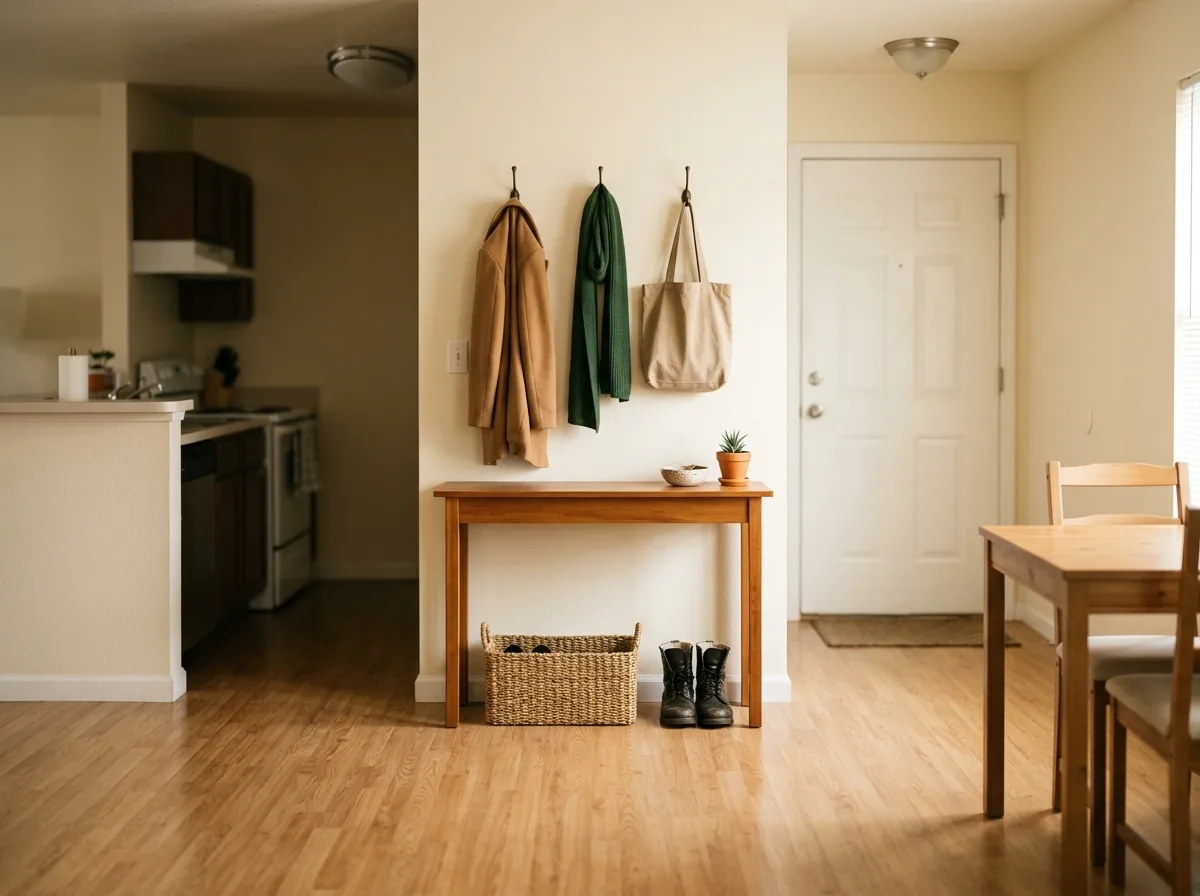 Entryway drop zone cleared during week 1 of the declutter challenge — empty console, hooks with one coat and bag, shoe basket below
