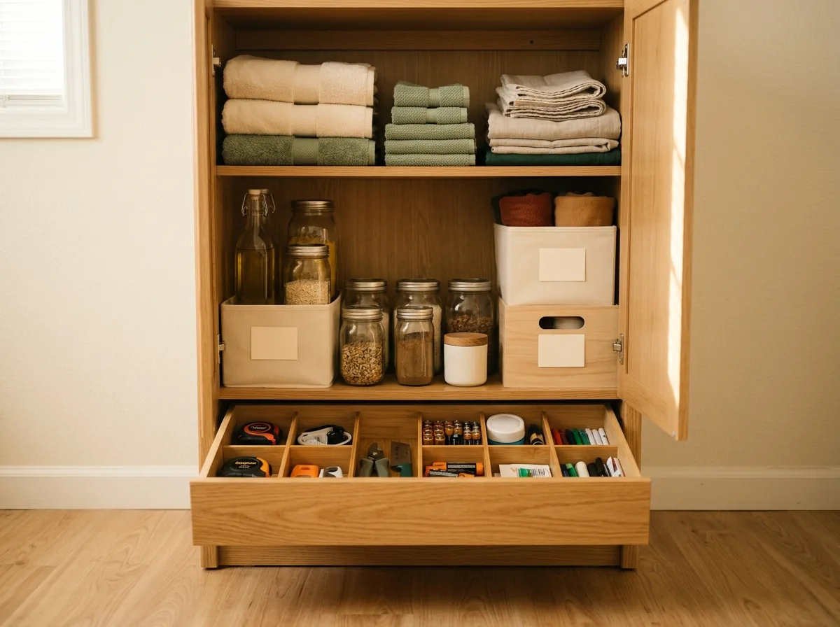 Storage cupboard organized into zones during week 2 of the declutter challenge — labelled bins, folded linens and grouped jars