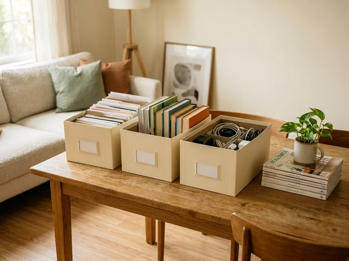 Hidden piles being sorted with the three-box method in week 3 of the declutter challenge — paperwork, books and cables on a table
