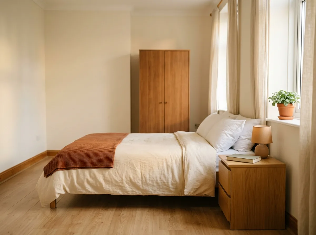 Bedroom fully reset in week 4 of the declutter challenge — made bed, clear nightstand and visible floor on both sides