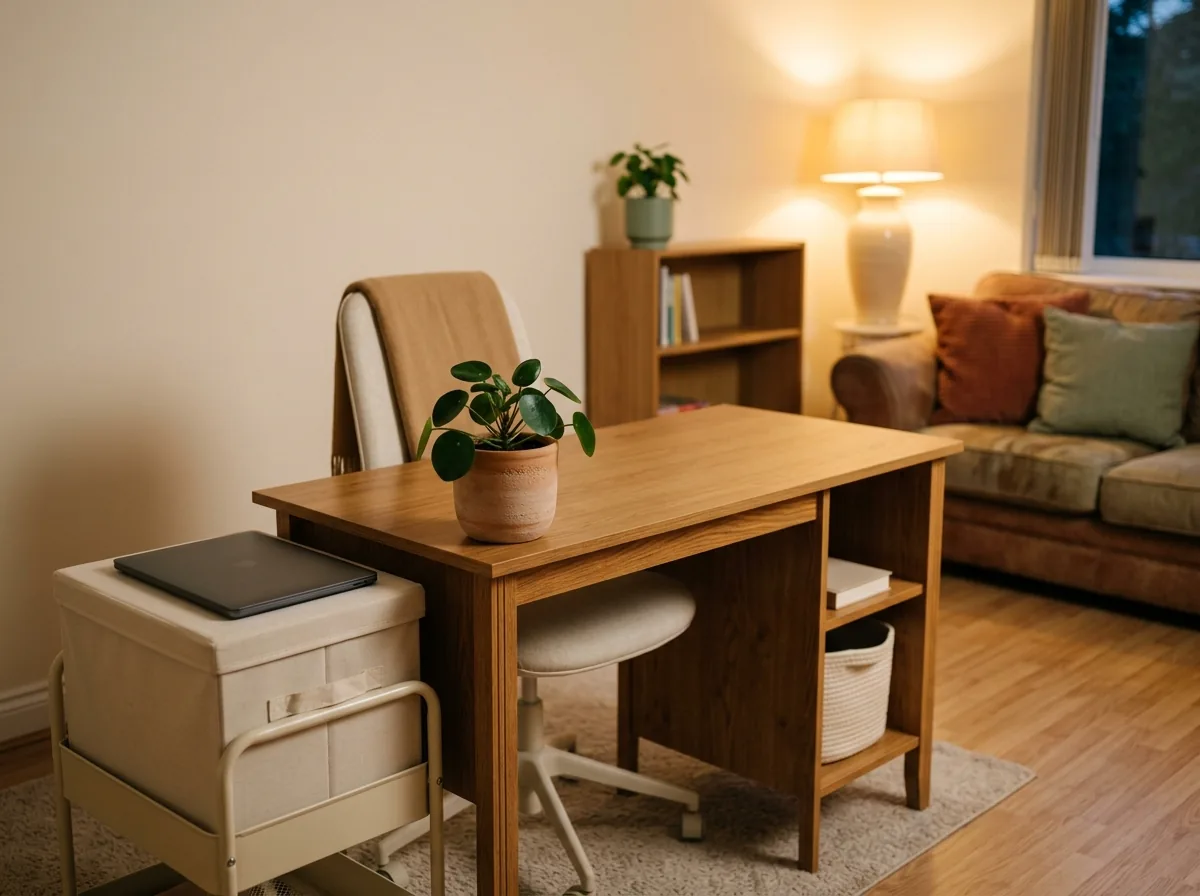 Small desk after the shutdown ritual — surface completely clear, laptop put away, chair pushed in.