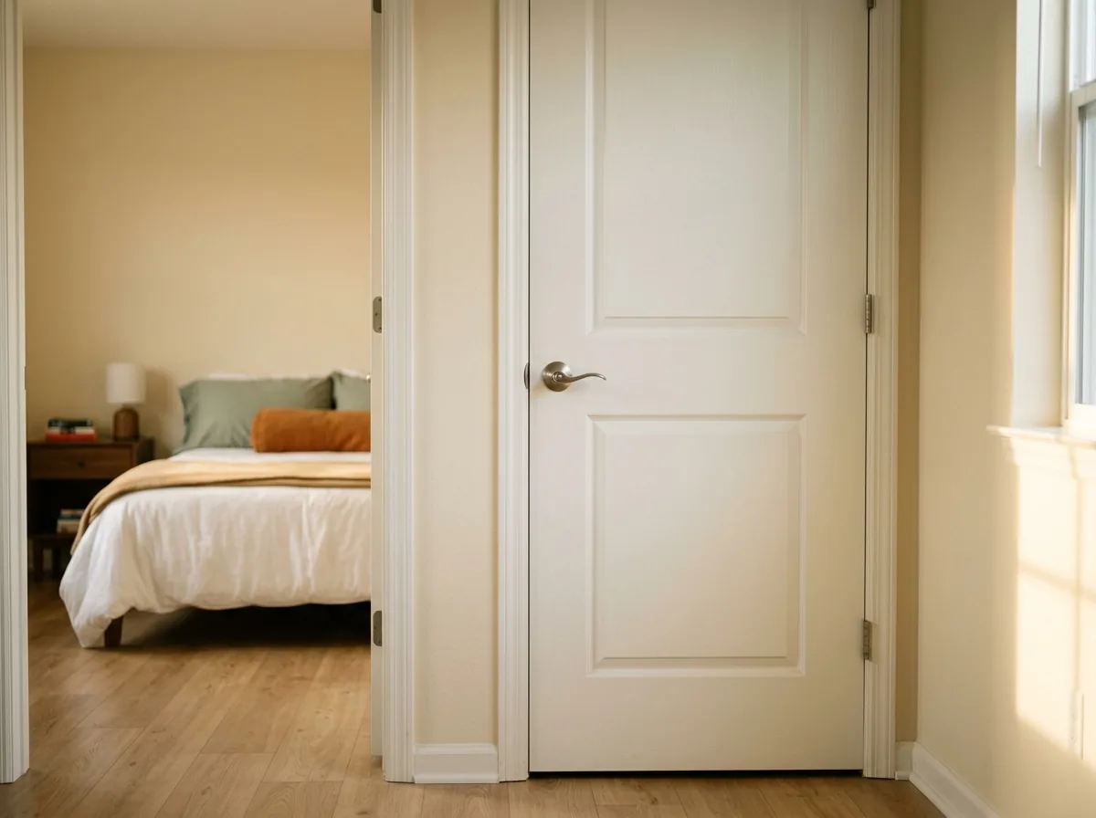 Ordinary closed bedroom door with a clear floor beside it, the whole shoe rotation stored invisibly inside the door.