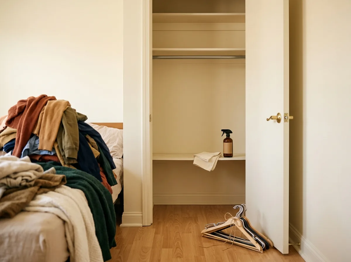 Completely emptied small closet with a bare rail and wiped shelves, ready for a seasonal wardrobe swap