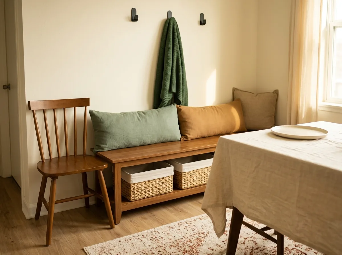 An entryway bench used as banquette seating at the dining table — small apartment hosting furniture that does double duty