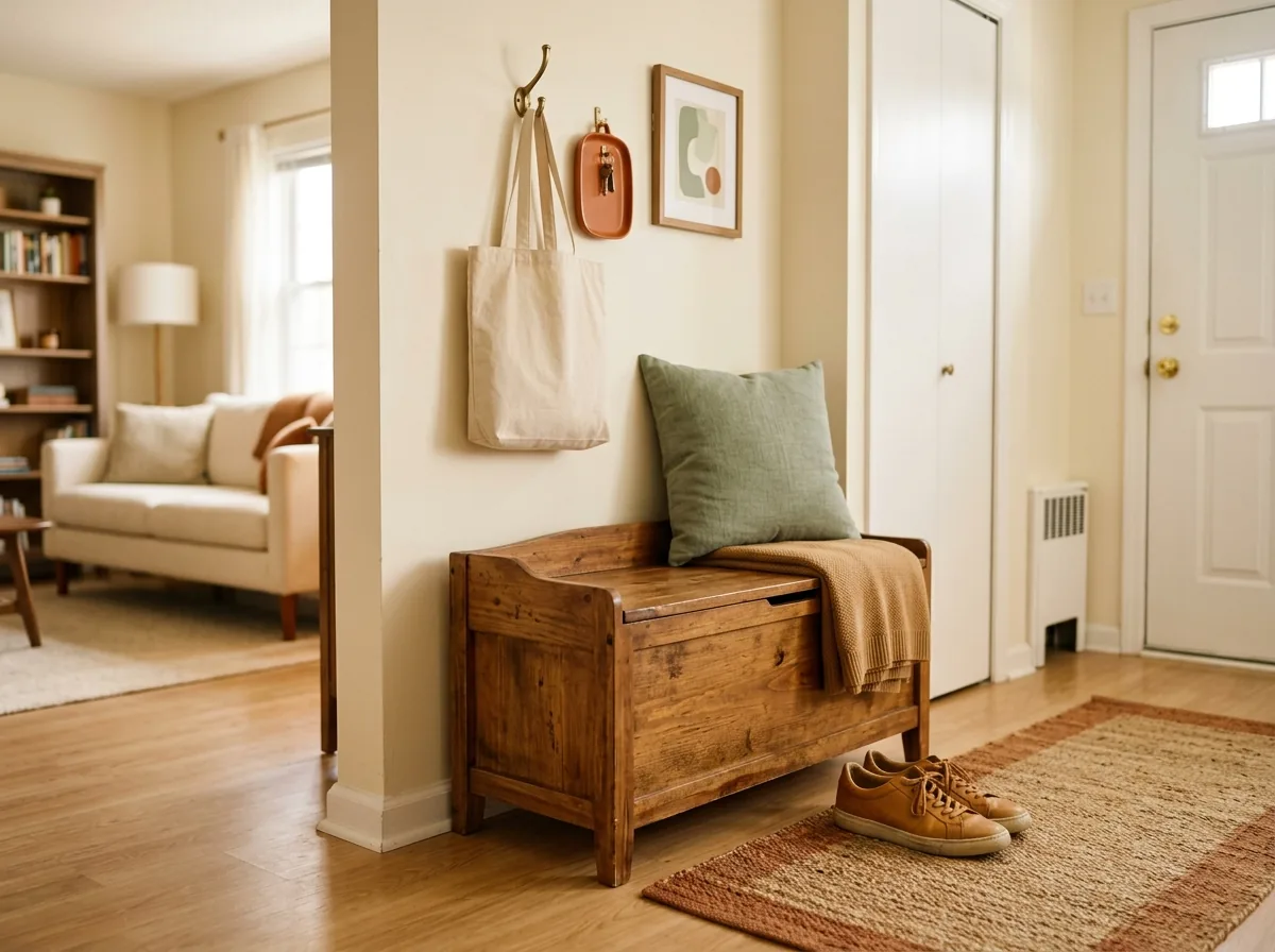 Entryway bench with its lid closed and a clear floor around it, the whole shoe collection hidden inside the seat.