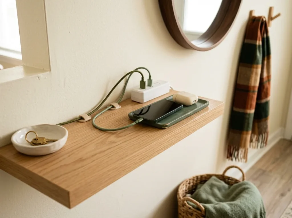Small entryway drop zone with a charging spot — phones and earbuds charging on the shelf with adhesive cable clips keeping cords tidy