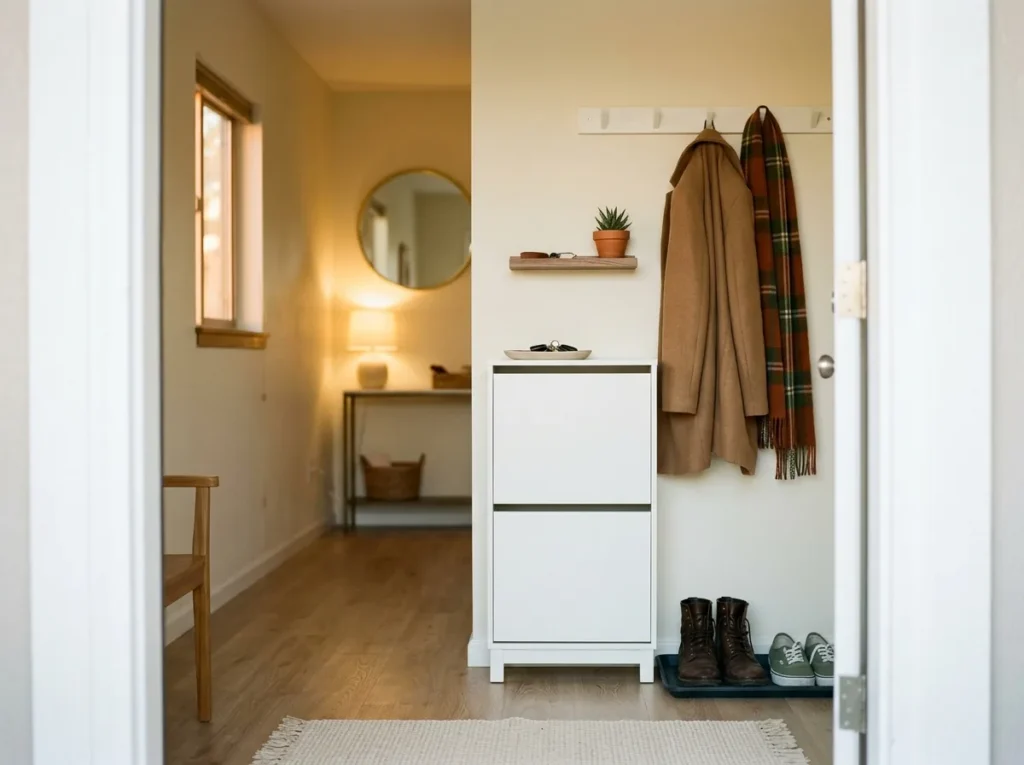 A small apartment entryway seen as a guest sees it — wreath, hooks, shoe cabinet and boot tray edited down to a calm, welcoming first impression