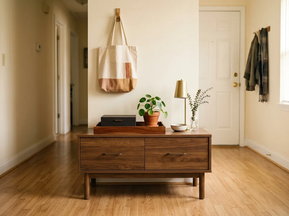 Entryway console styled with a closed landing-strip tray and a plant, all the daily keys and post hidden inside.