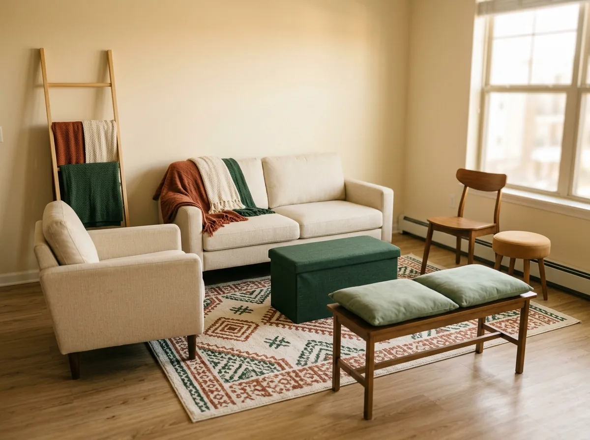 Hosting guests in a small apartment — eight seats gathered from a sofa, chairs, stool, ottoman, entry bench and cushions you already own