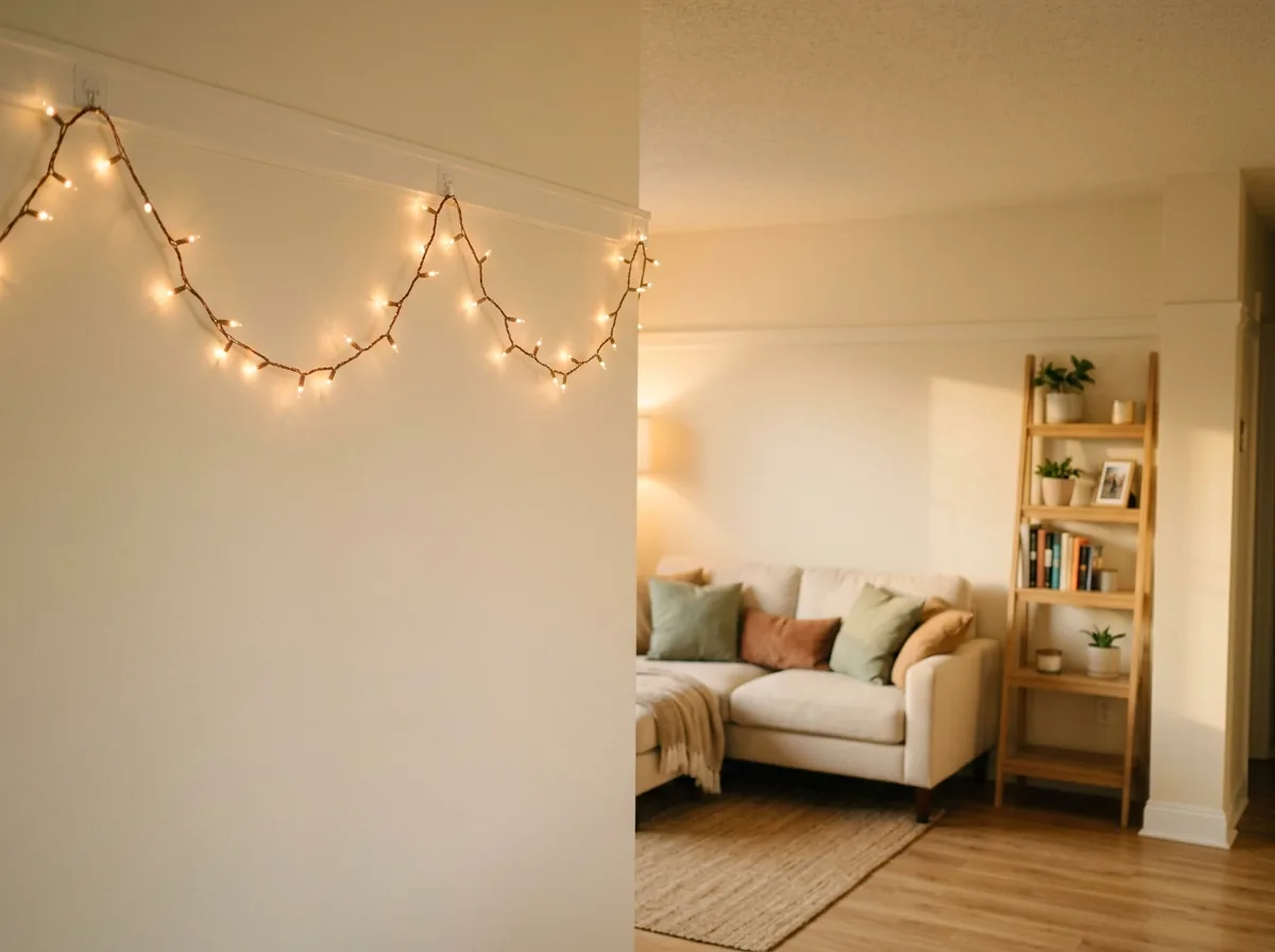 Fairy lights strung along a wall on small clear removable adhesive hooks in a cozy rental living room.