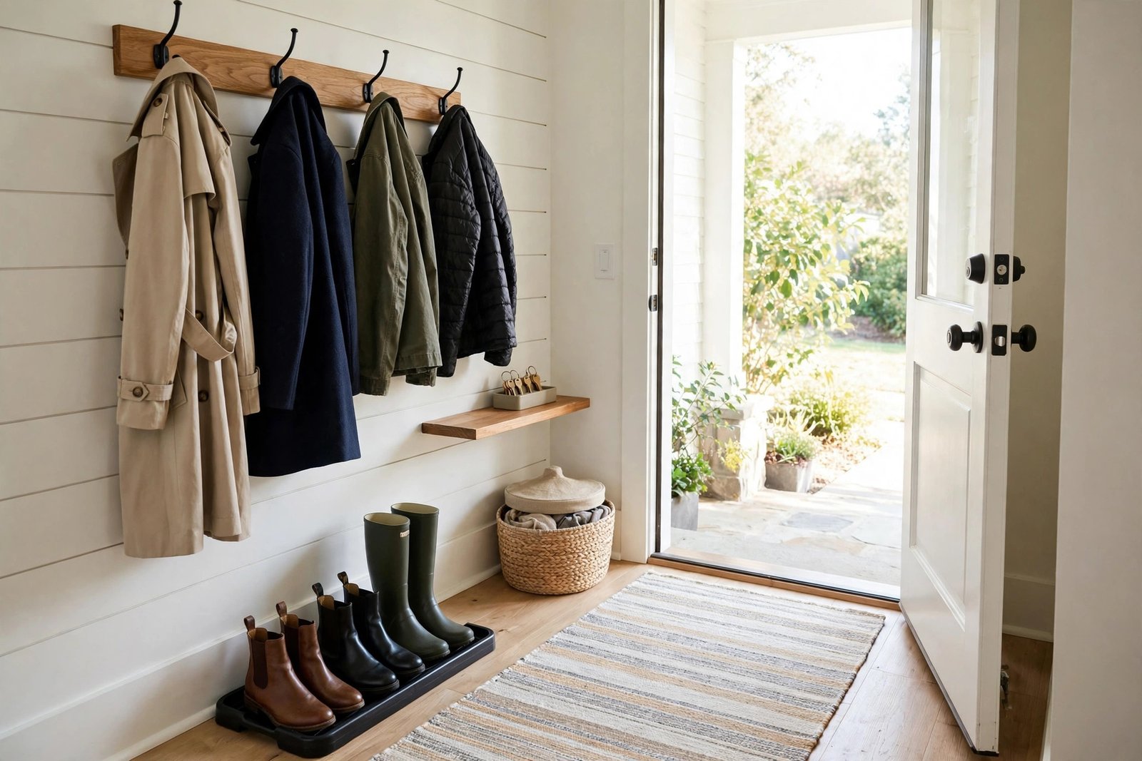 Fall entryway in 30 minutes — boot tray, hooks, key tray and basket set up for small entryway organization with no mudroom