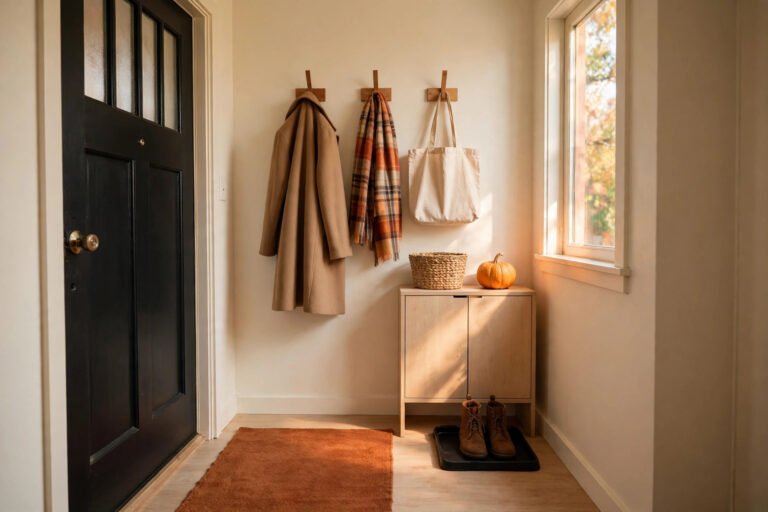 Fall entryway organization ideas for small apartments with no mudroom — wall hooks, slim shoe cabinet, boot tray and a warm fall runner in a tiny renter entryway