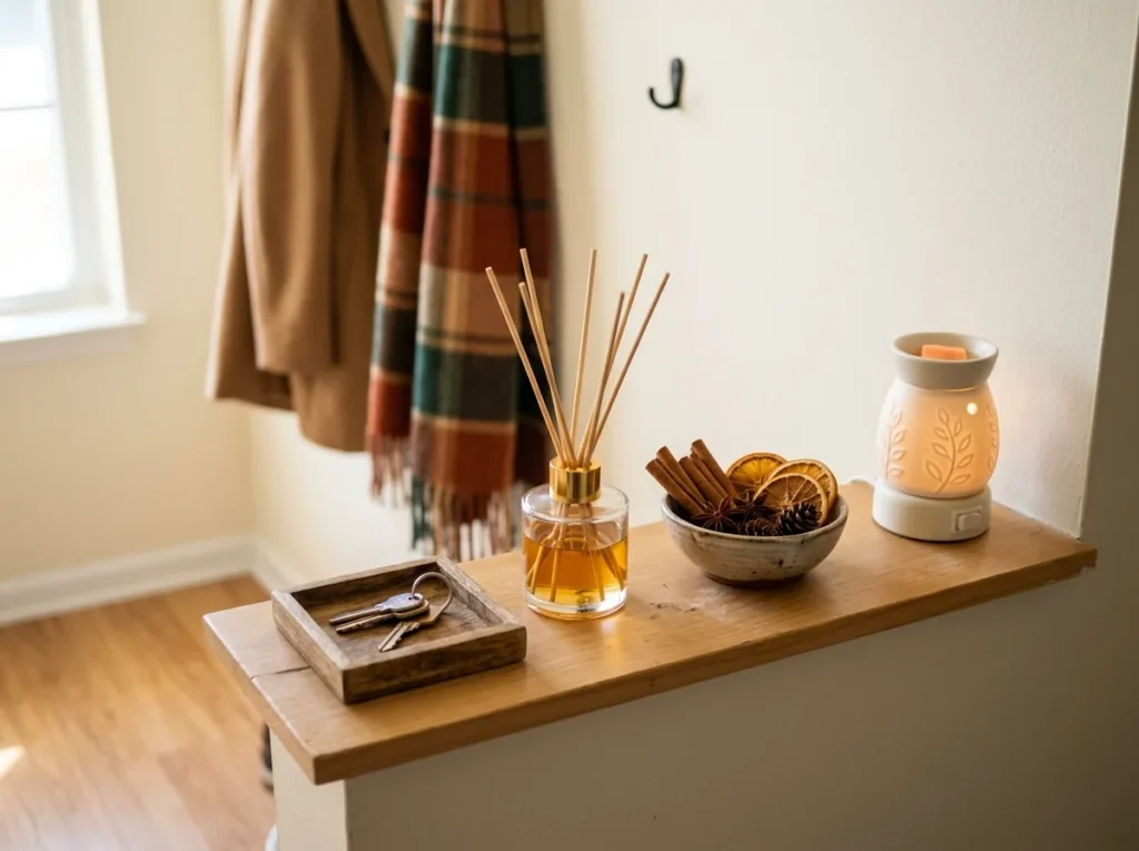 Fall entryway finishing touch — a reed diffuser and a bowl of cinnamon sticks on the entry shelf of a small apartment
