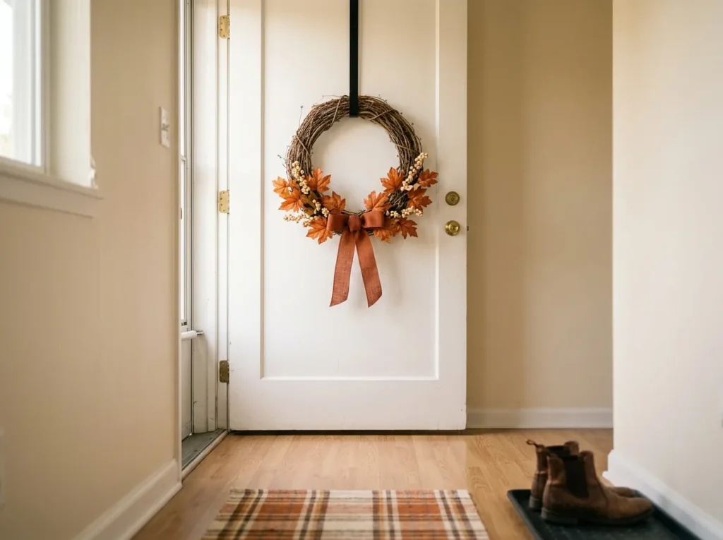 Cozy fall entryway decor for renters — one grapevine wreath on an over-door hanger as a single statement piece in a small entry
