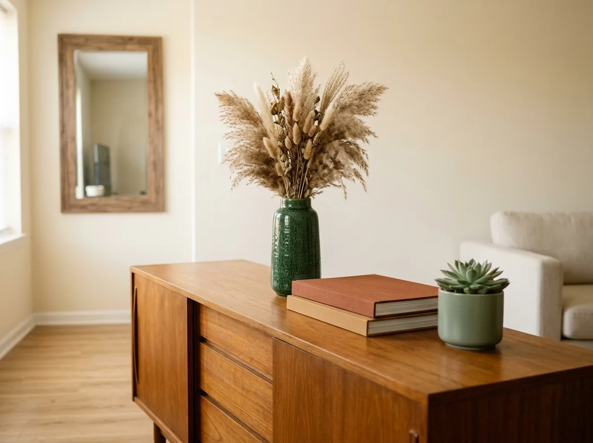 Mistake fixed: one large vase and a pair of books instead of dozens of tiny ornaments on a sideboard