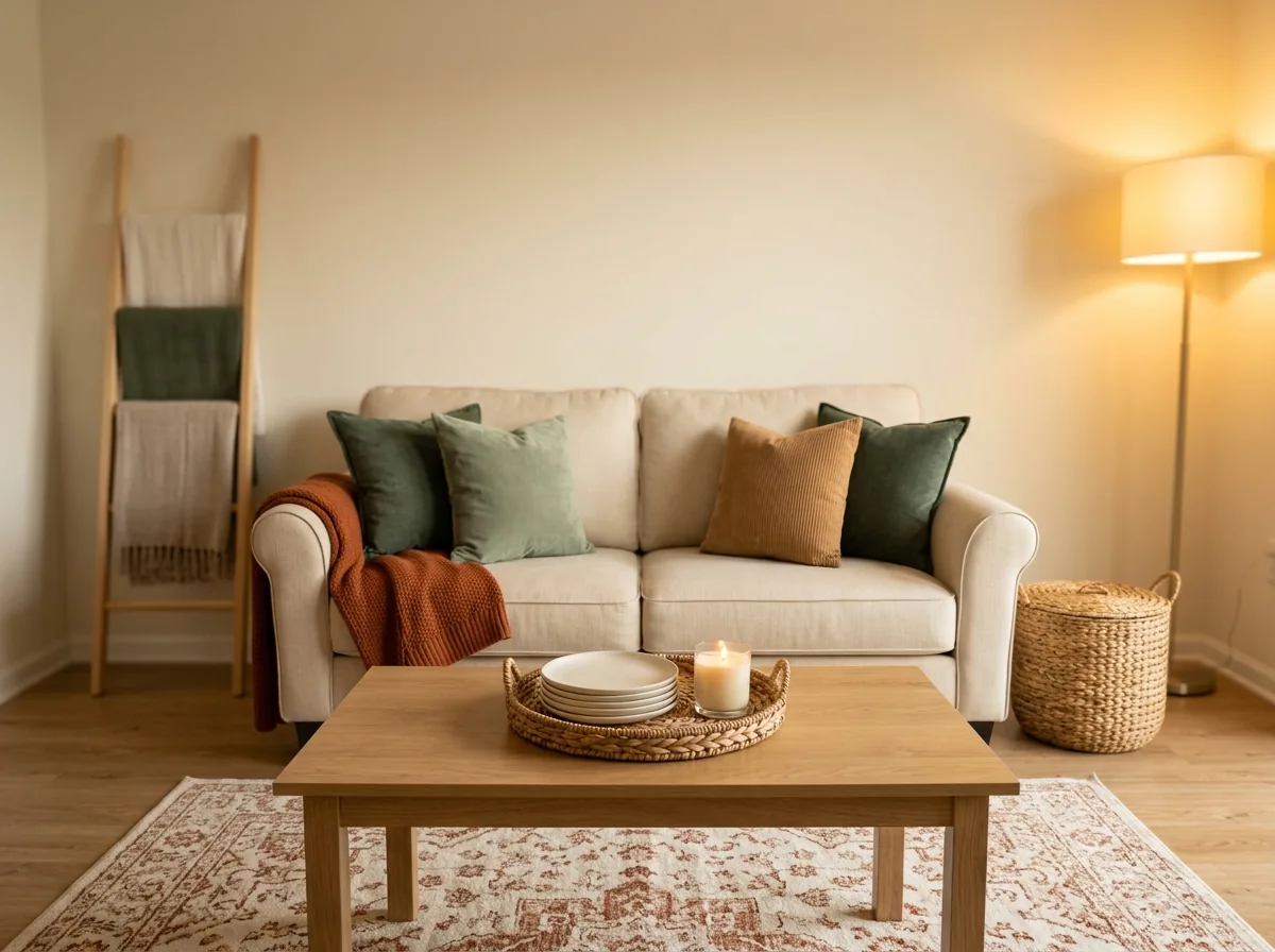 The 15-minute after-party reset — a small living room back to calm the same night, furniture home and one tray of dishes left
