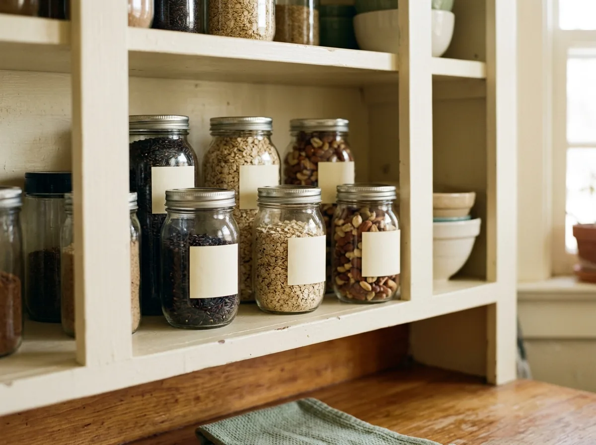 First in, first out pantry shelf — older jars at the front and fresh stock behind, a small pantry habit that stops food waste