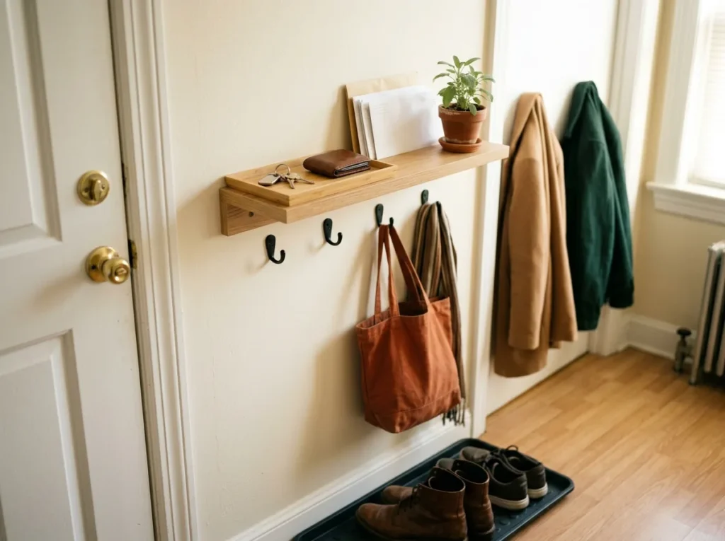 Renter-friendly entryway drop zone — a small floating shelf above the hooks for keys, wallets and mail in a small apartment with no mudroom