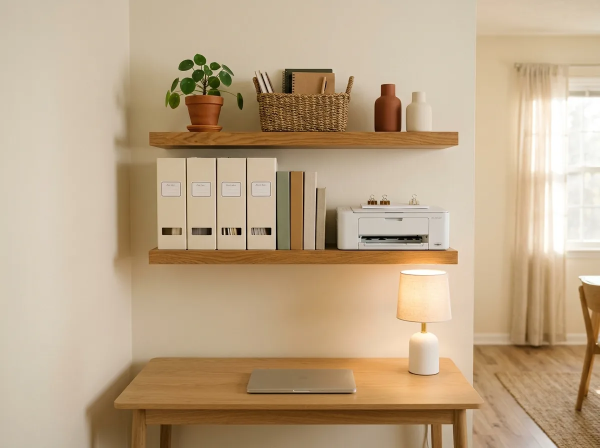 Two floating shelves above a small desk with box files and a printer below and a plant on top.