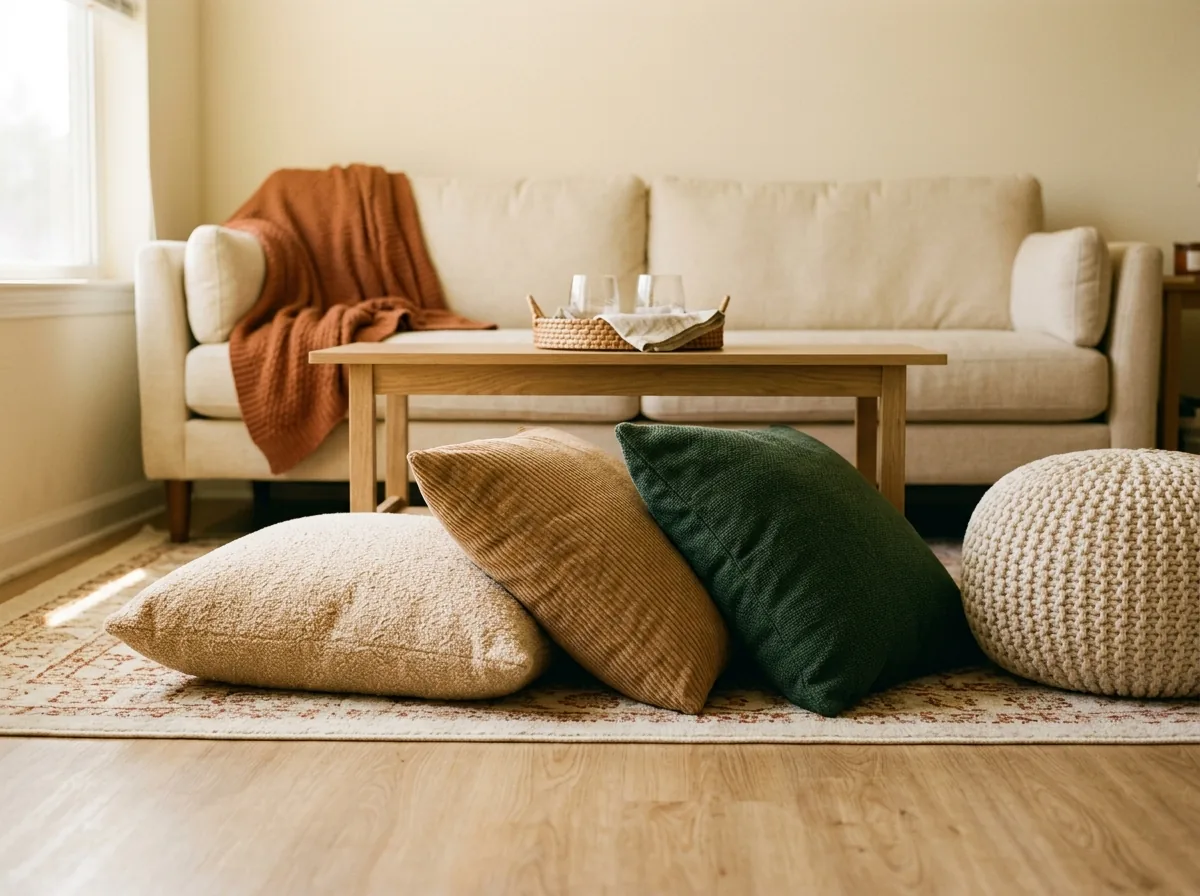 Floor cushions and a pouf add instant extra seating for entertaining in a small apartment, then stack away in a corner after the party