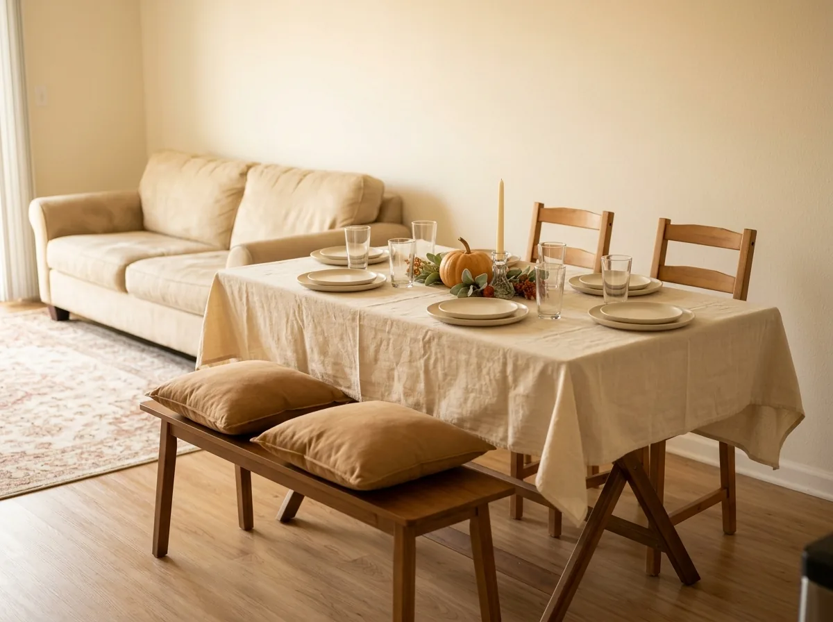 A fold-away dining table dressed with a tablecloth seats eight in a small apartment, then folds flat behind the sofa after hosting