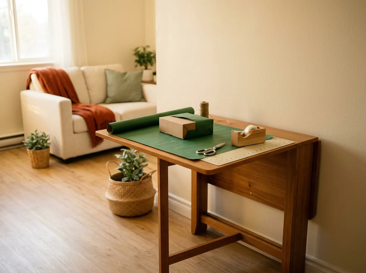 Fold-down wrapping station for small spaces — a drop-leaf table opens into a full wrapping surface and folds flat against the wall