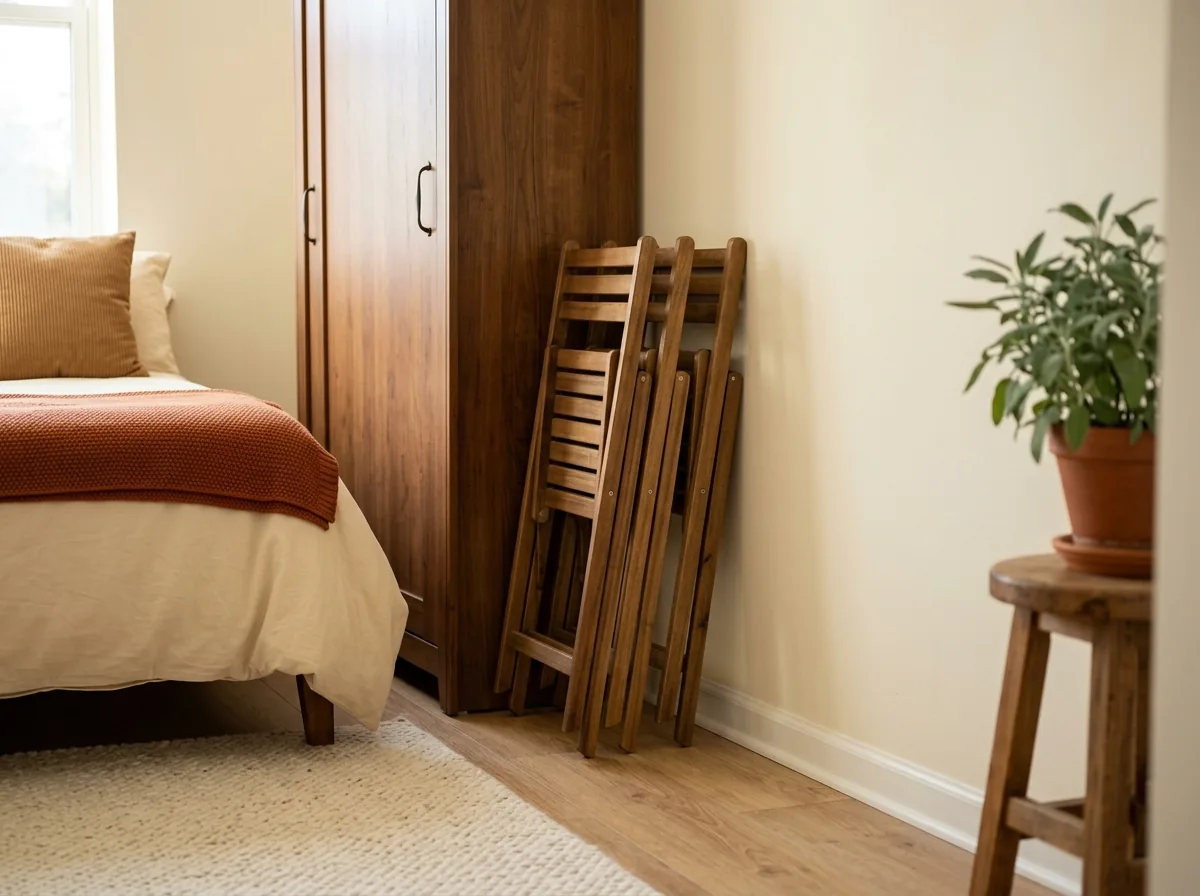 Folding chairs stored flat beside a wardrobe — extra party seating for a small apartment that takes up almost no storage space