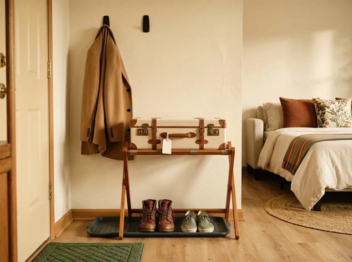 Give guest luggage a home — a folding luggage rack in the corner keeps a suitcase off the floor when hosting overnight guests in a small apartment