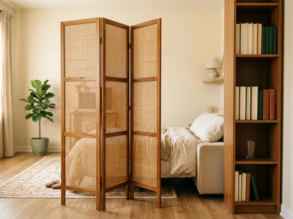A folding screen and a turned bookcase divide a small living room into a private guest sleep corner with no guest room