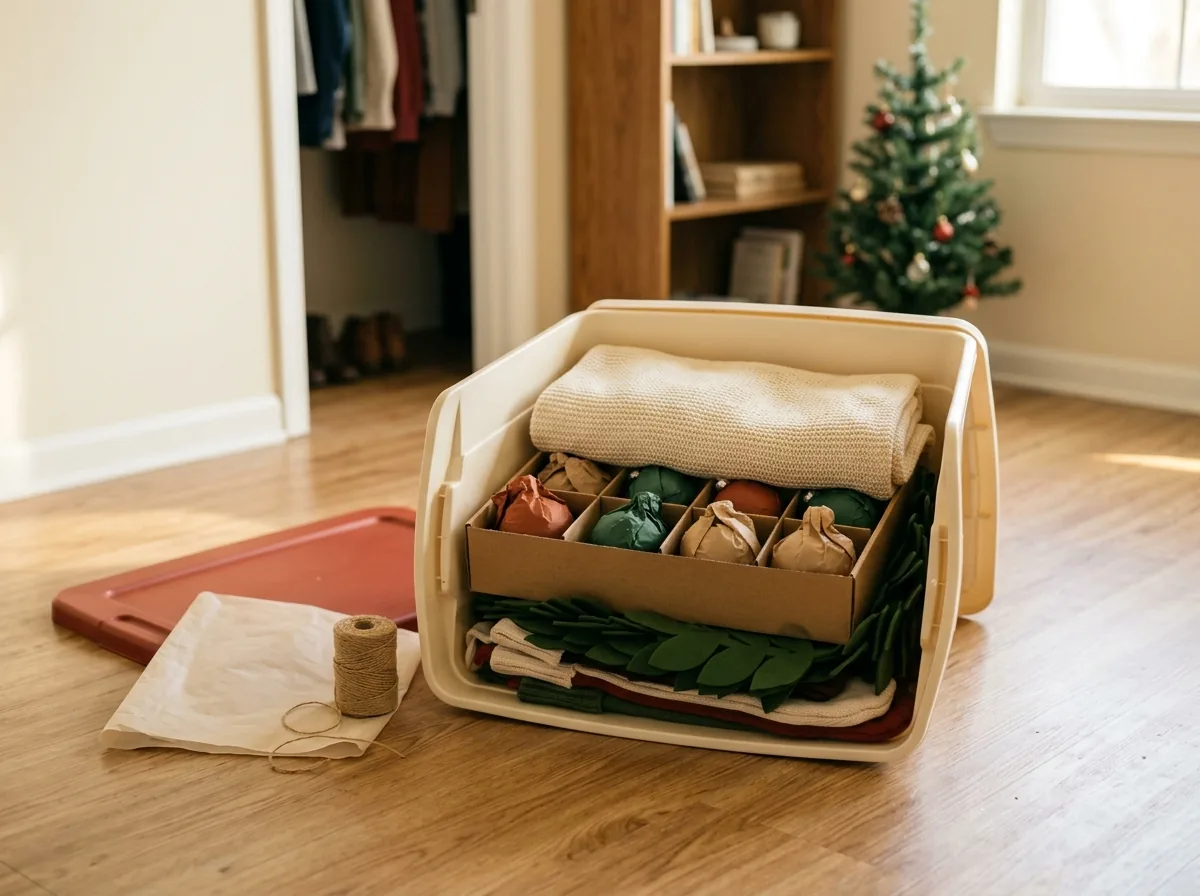 Pack fragile decor in the middle layer — soft decor cushions the bottom and fragile pieces never carry weight
