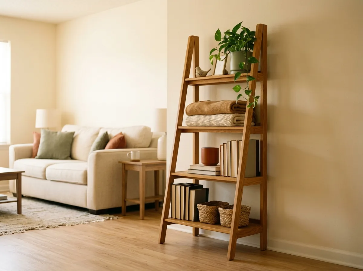 Freestanding ladder shelf with baskets, books and a plant standing in a small rental living room corner.
