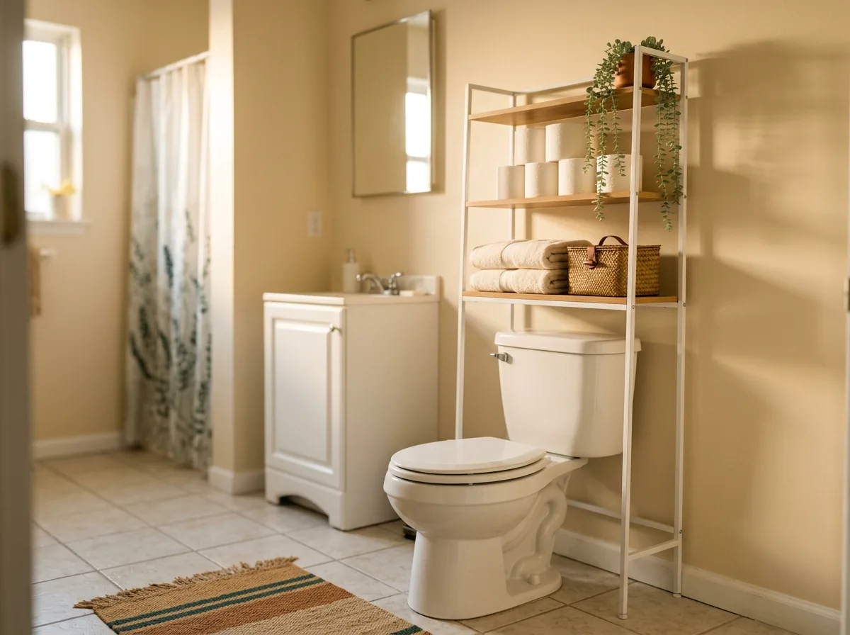 Freestanding over-toilet storage rack with shelves of towels and baskets in a small rental bathroom.
