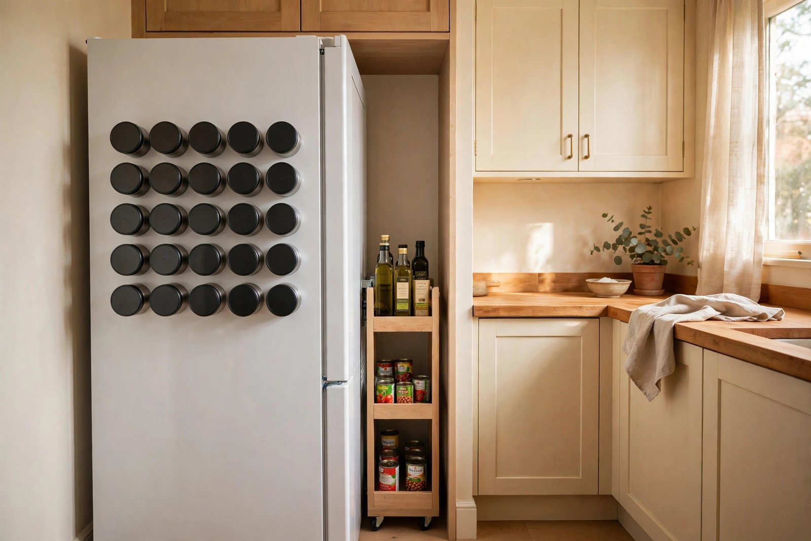 Small kitchen storage ideas — a slim gap tower beside the fridge and magnetic spice tins on the fridge side