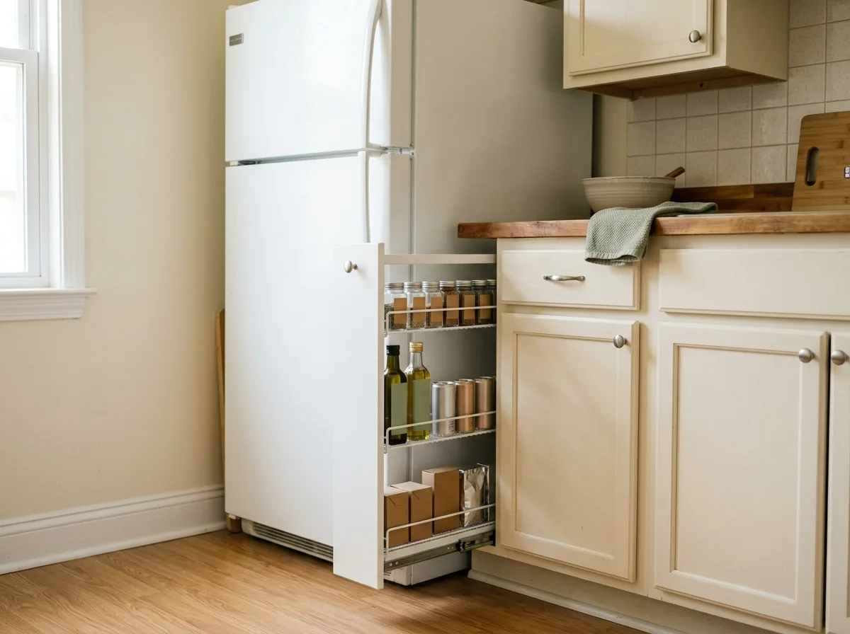 Slim slide-out tower in the gap beside the fridge — small kitchen storage ideas for spices, oils and cans in a no-pantry kitchen