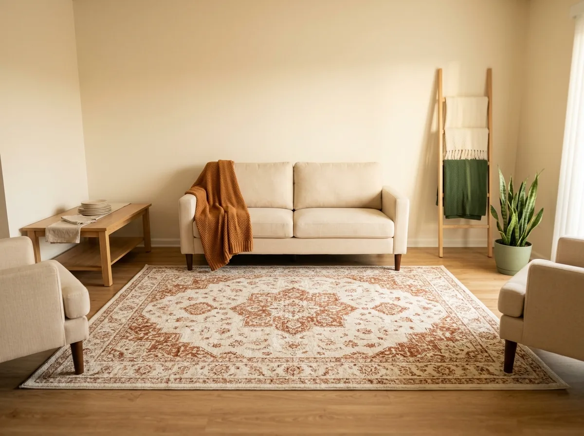 Small apartment party layout — furniture pushed to the walls opens the living room floor so hosting guests in a small space feels twice the size