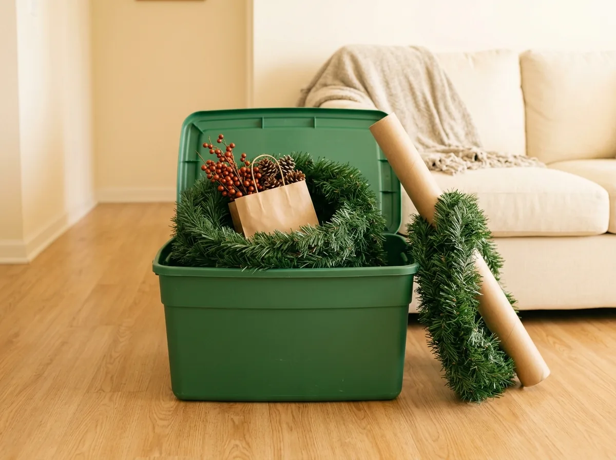 Garland storage in its own bin — garlands coiled loosely with the picks and pinecones bagged inside the same box