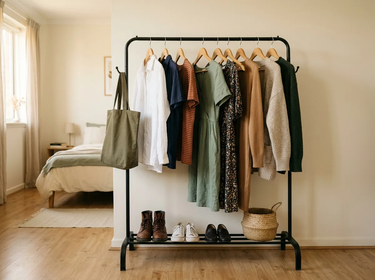 Garment rack wardrobe with a rail of clothes and a shoe shelf in a small rental bedroom with no closet.