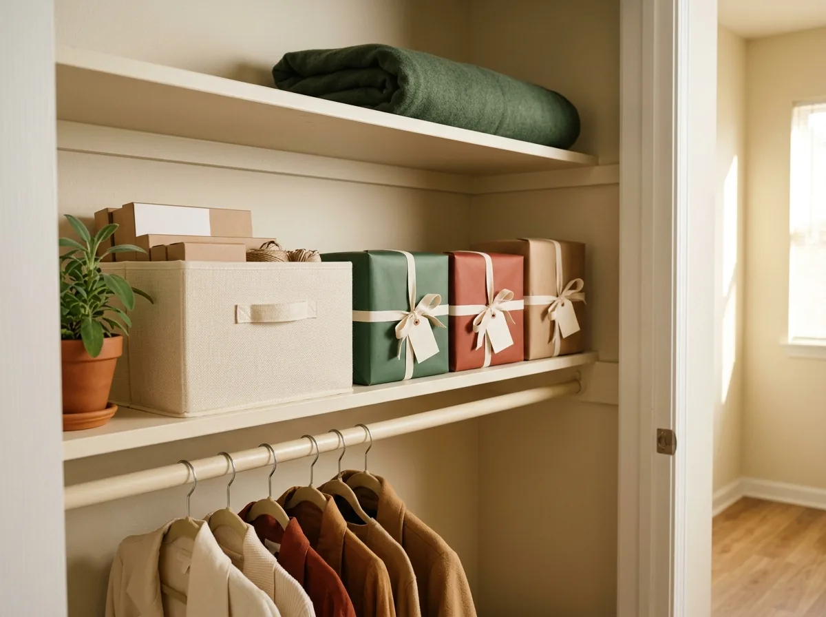 Gift stock shelf in a small apartment closet — one shelf split into gifts to wrap and wrapped gifts, so nothing is bought twice