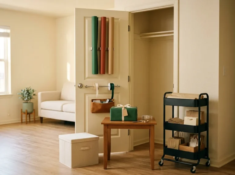 Gift wrap station ideas for small spaces — a closet-door wrapping station with upright rolls, a ribbon rod and a wrapped gift, all in one doorway
