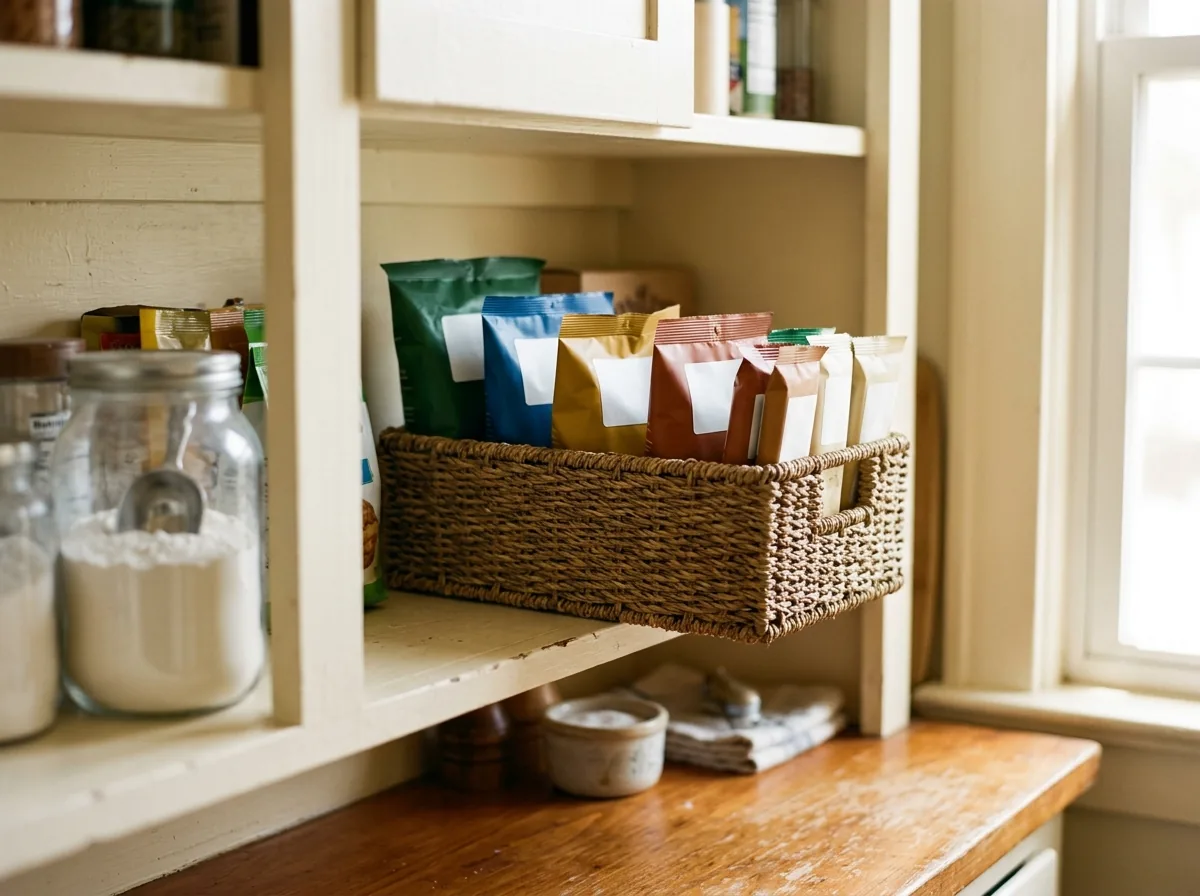 Grab-and-go snack basket with packets standing upright like files — an easy small kitchen storage idea that ends snack clutter