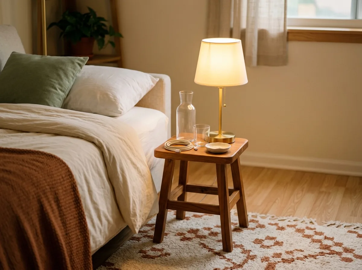 A guest bedside moment in a small apartment — a stool nightstand with a lamp, water carafe, charger and a dish for jewellery beside the sofa bed